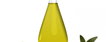 bottle of olive oil, with an olive